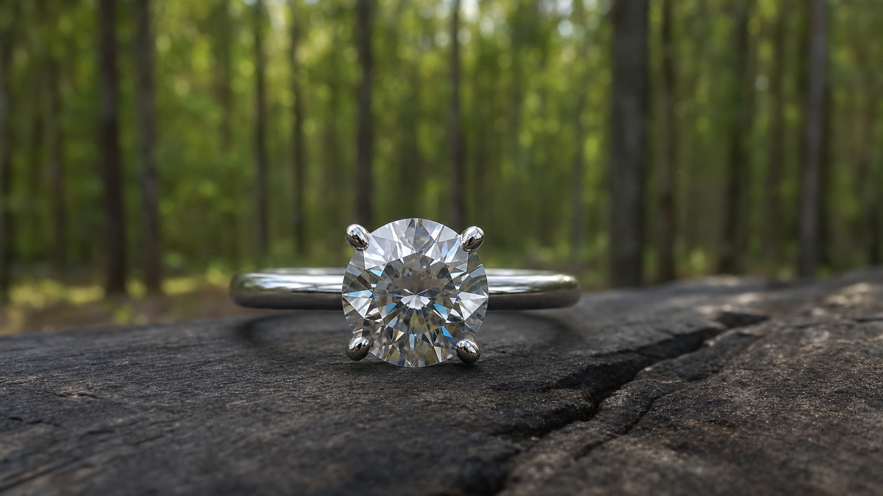 Anel solitário com moissanite em primeiro plano e floresta ao fundo
